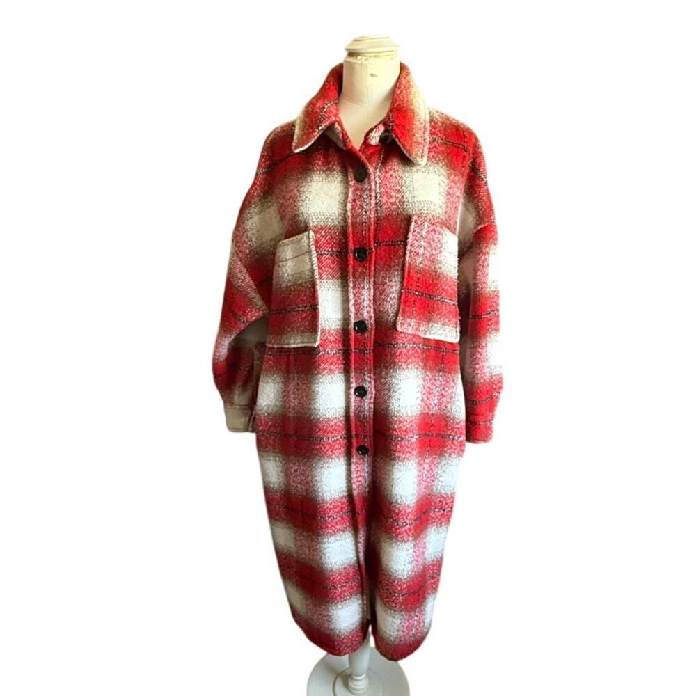 Mango Plaid Shirt Coat Red Black Cream Oversized Shacket Women’s M/L Wool Blend - Picture 2 of 11